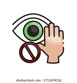 forbidden touch the eyes with the hands over white background, line color style, vector illustration