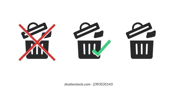 Forbidden trash to throw to dustbin icon pictogram vector graphic set, dont allowed permitted waste garbage bin, dumpster with removed deleted junk green checkmark and do not red cross sign image
