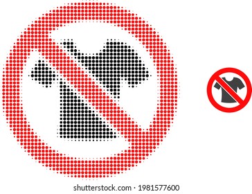 Ilustración de icono de medio tono con ropa de camiseta prohibida. La matriz de semitono contiene elementos de círculo. Ilustración vectorial del icono de ropa de camiseta prohibida en un fondo blanco.