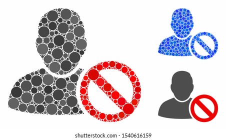 Forbidden user mosaic of round dots in different sizes and shades, based on forbidden user icon. Vector round dots are combined into blue mosaic. Dotted forbidden user icon in usual and blue versions.