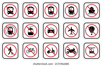 Forbidden Vehicle Car, Train, Bicycle, Trolley, Shuttle Bus, Tram, Bike, Motorcycle Silhouette Icon Set. Prohibited Road Red Stop Symbol. Ban Transport Black Pictogram. Isolated Vector Illustration.