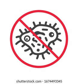 Forbidden virus icon. No virus flat sign design. Stop corona virus icon. Prohibited microbe symbol. Danger warning caution biology bactery pictogram