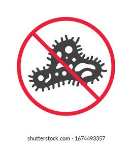 Icono de virus prohibido. No hay diseño de señales planas de virus. Detener el icono del virus de la corona. Símbolo de microbio prohibido. Peligro advertencia precaución biología pictograma característica