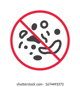 Icono de virus prohibido. No hay diseño de señales planas de virus. Detener el icono del virus de la corona. Símbolo de microbio prohibido. Peligro advertencia precaución biología pictograma característica