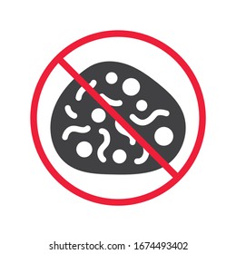Forbidden virus icon. No virus flat sign design. Stop corona virus icon. Prohibited microbe symbol. Danger warning caution biology bactery pictogram