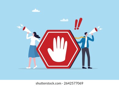 Forbidden warning, prohibition, don't do or stop rule, false or restriction, danger, bad hazard disallow message, illegal or ban concept, business people announce forbidden message with prohibit sign.