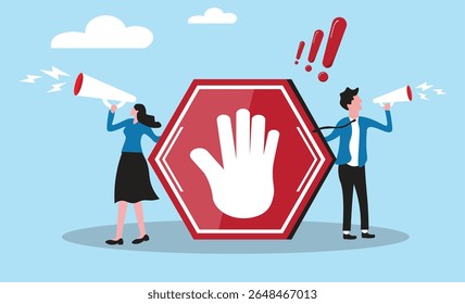 Forbidden warning, prohibition, don't do or stop rule, false or restriction, danger, bad hazard disallow message, illegal or ban concept, business people announce forbidden message with prohibit sign