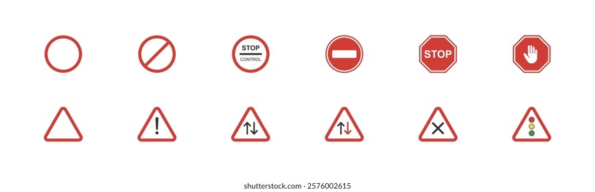 Forbidden warning road sign. Red road sign in circle and triangle. Warning sign vector set