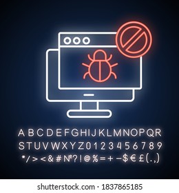 Sitio web prohibido icono de neon light. Efecto luminoso exterior. Peligrosa página web, virus de internet, signo de malware con alfabeto, números y símbolos. Ilustración de color RGB aislada por vectores