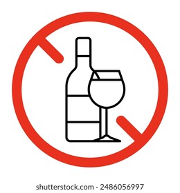 Forbidden wine, ban glass and bottle sign. Prohibited alcoholic drink symbol. Restriction wineglass. Vector illustration