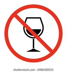 Forbidden wine, ban wineglass sign. Prohibited alcoholic drink symbol. Restriction wine. Vector illustration