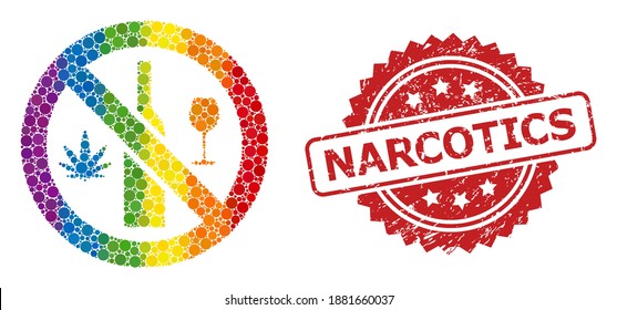 Forbidden wine drugs collage icon of spheric spots in different sizes and LGBT colored shades, and Narcotics unclean rosette stamp seal. A dotted LGBT-colored Forbidden wine drugs for lesbians, gays,