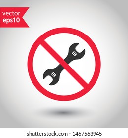 Forbidden wrench icon. No spanner icon. Do not repair tool icon. Warning, caution, attention, restriction, danger flat sign design. No settings EPS 10 symbol