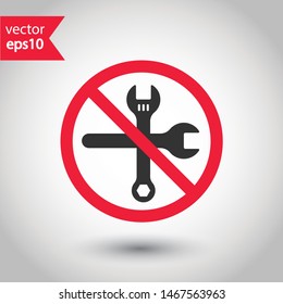 Forbidden wrench icon. No spanner icon. Do not repair tool icon. Warning, caution, attention, restriction, danger flat sign design. No settings EPS 10 symbol