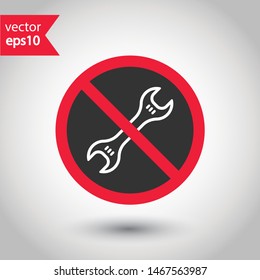 Forbidden wrench icon. No spanner icon. Do not repair tool icon. Warning, caution, attention, restriction, danger flat sign design. No settings EPS 10 symbol