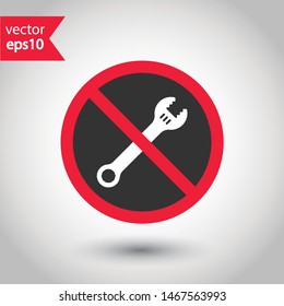 Forbidden wrench icon. No spanner icon. Do not repair tool icon. Warning, caution, attention, restriction, danger flat sign design. No settings EPS 10 symbol