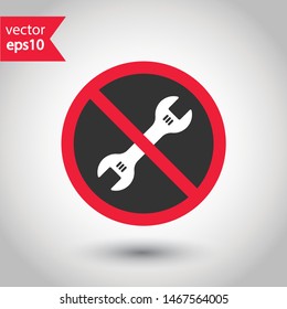 Forbidden wrench icon. No spanner icon. Do not repair tool icon. Warning, caution, attention, restriction, danger flat sign design. No settings EPS 10 symbol