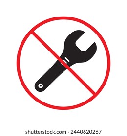 Forbidden wrench icon. No spanner icon. Do not repair tool icon. Warning, caution, attention, restriction, danger flat sign design. No settings symbol pictogram