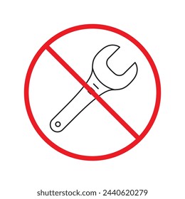 Forbidden wrench icon. No spanner icon. Do not repair tool icon. Warning, caution, attention, restriction, danger flat sign design. No settings symbol pictogram