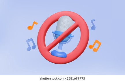 Forbidden zone no sound record or talk and stop entertainment sound music isolated on pastel background. Warning icon elements, Cartoon minimal style concept. Eps 10 vector. 3d render illustration