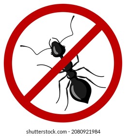 Forbidding sign ant isolated on white background. Red STOP ants icon in flat style. Design symbol disinfection against insect. Vector illustration.