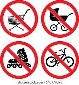 Forbidding Vector Signs "No Roller-skate", "No Biking", "No Baby Carriage" and "No Shopping Cart" 