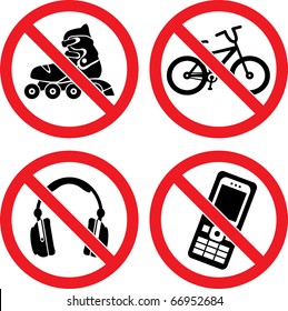 Forbidding Vector Signs "No Roller-skate", "No Earphones", "No Video" and "No Phone"