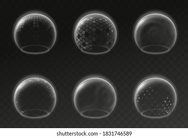 Force field. Bubble shields covid-19 security defense safety, energy barrier of immune mockup, realistic antiviral dome collection, protection environment, glowing transparent sphere 3d vector set