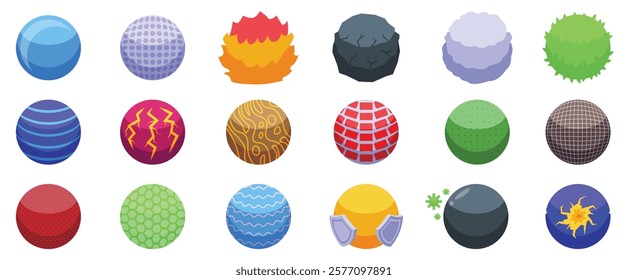 Force field icons set. Colorful and imaginative planets rotating in a vast cosmic expanse, showcasing diverse planetary features, textures, and atmospheric conditions