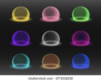 Force field set isolated on transparency grid, various energy or defense shields, deflector or force bubble. Vector broken bubble shields, energy barriee