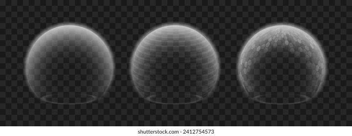 Force field shield bubble set isolated barrier on transparency. Force shield effect immune safety defence firewall futuristic ball