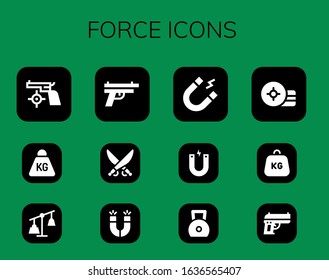 force icon set. 12 filled force icons. Included Gun, Weight, Weights, Saber, Magnets, Magnet icons