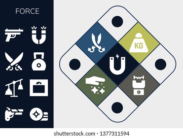 force icon set. 13 filled force icons.  Collection Of - Magnet, Gun, Weight, Weights, Saber, Magnets, Sabers, Dust, Stun gun