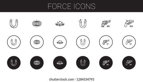 force icons set. Collection of force with magnet, magnetic field, air force, gun. Editable and scalable force icons.