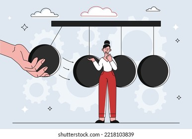 Force inertia concept. Young girl stands in front of balloons. Teaching materials and education. Poster or banner for website. Learning, training and self development. Cartoon flat vector illustration