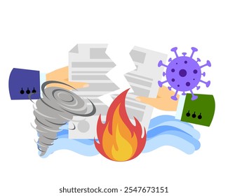 Force majeure. Termination of the contract due to natural disasters. Vector simple color flat illustration.