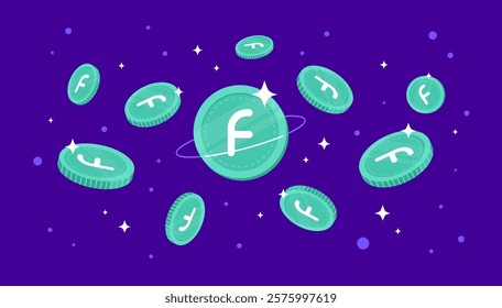 Force Protocol (FOR) coins falling from the sky. FOR cryptocurrency concept banner background.