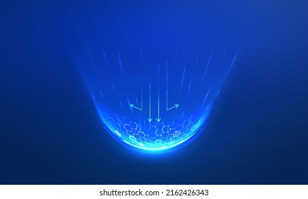 Force Shield From Air Flow, Light Effect On A Dark Background. The Dome Barrier Protects Against Emission Or Dust, The Concept For A Filter Or Protective Screen. Vetor Illustration