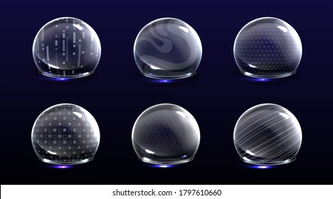 Force shield bubbles, energy glowing spheres or defense dome fields. Science fiction various deflector elements, firewall absolute protection isolated on blue background, Realistic 3d vector set