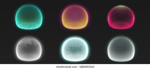 Force shield bubbles, energy glowing spheres or defense dome fields. Science fiction various deflector elements, firewall absolute protection isolated on black background, Realistic 3d vector set