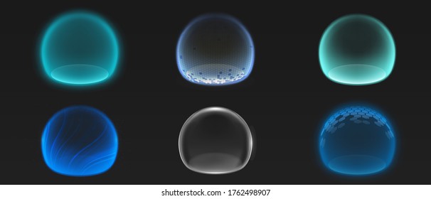 Force shield bubbles, various energy glowing spheres or defense dome fields. Science fiction deflector elements, firewall absolute protection isolated on black background, Realistic 3d vector set