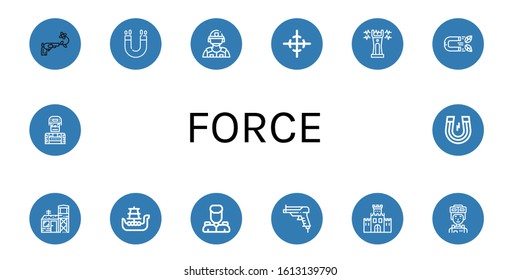 force simple icons set. Contains such icons as Gun, Magnet, Riot police, Center of gravity, Stun gun, Military base, Battleship, Military, can be used for web, mobile and logo