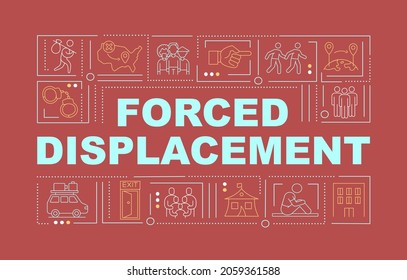 Forced displacement red word concepts banner. Human right violation. Infographics with linear icons on pink background. Isolated creative typography. Vector outline color illustration with text