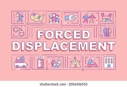 Forced displacement word concepts banner. Human right violation. Infographics with linear icons on pink background. Isolated creative typography. Vector outline color illustration with text