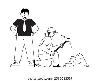 Forced labor with inadequate wages and a fierce boss, semi outline style, black and white, social issues vector illustration.