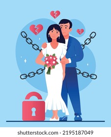 Concepto de matrimonio forzado. Hombre y mujer en un fondo de cadenas y corazones rotos. Problemas de relaciones, malas tradiciones y cultura. Manipulación y control. Dibujo vectorial plano de dibujos animados