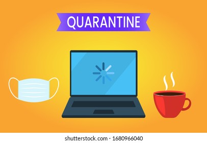 Forced quarantine due to Chinese flu virus Coronovirus Covid-19. The concept of freelance, teleworking at home, home office or training. vector illustration isolated on yellow background