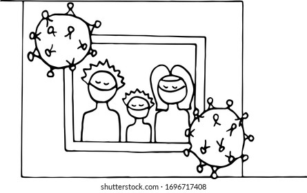Cuarentena forzada, autoaislamiento. Ilustración vectorial de Doodle. Medidas preventivas de cuarentena del coronavirus. Familia en casa.