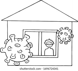Forced quarantine, self-isolation. Doodle vector illustration. Coronavirus quarantine preventive measures. Stay home.