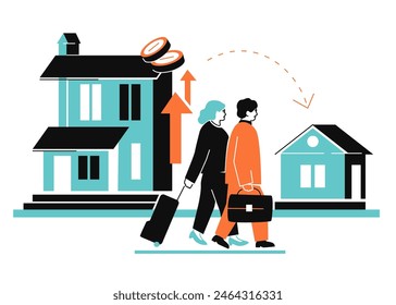 Forced relocation - colorful flat design style illustration with linear elements. Orange and light blue picture with people bearing suitcases move from an expensive house to a cheaper dwelling